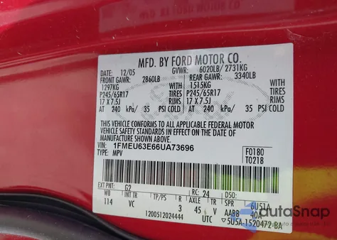 2006 Ford Explorer Xlt из США, поврежденный, VIN 1FMEU63E66UA73696